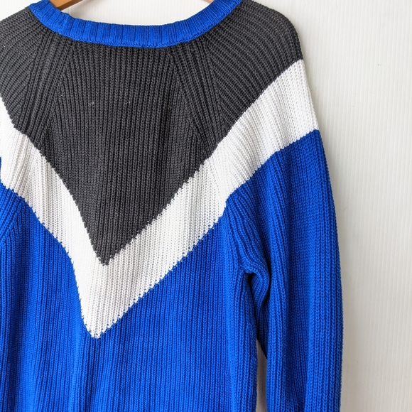 EXPRESS chunky oversized colorblock royal blue ribbed knit crewneck sweater - Picture 3 of 8